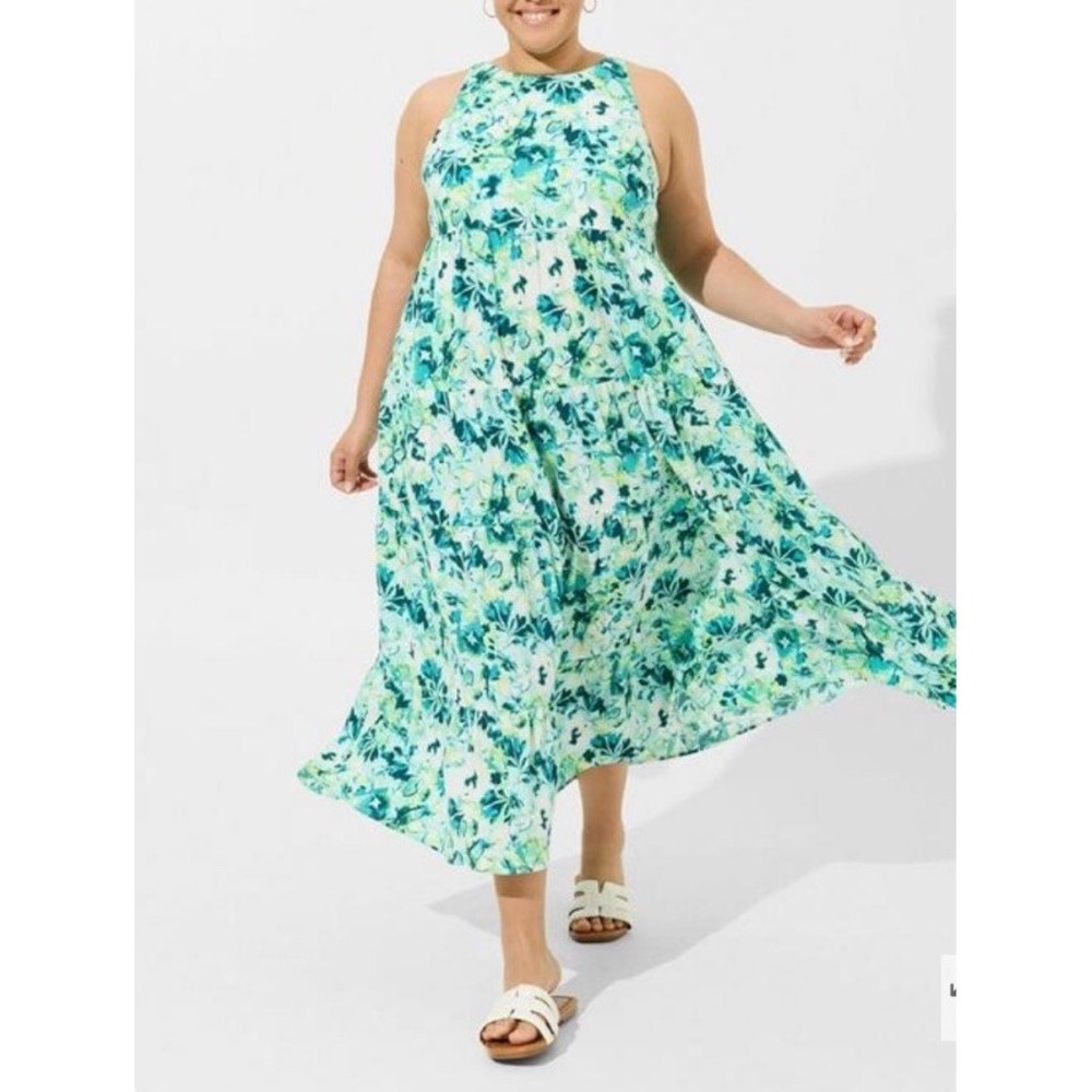 Torrid Dress Women Size 0 Maxi Washable Gauze Green & White Halter Tiered Dress